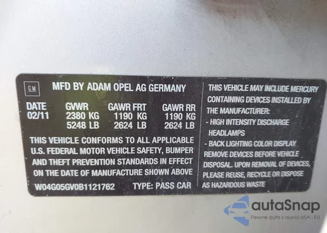 2011 Buick Regal Cxl Turbo Russelsheim z USA, uszkodzony, nr VIN W04G05GV0B1121762